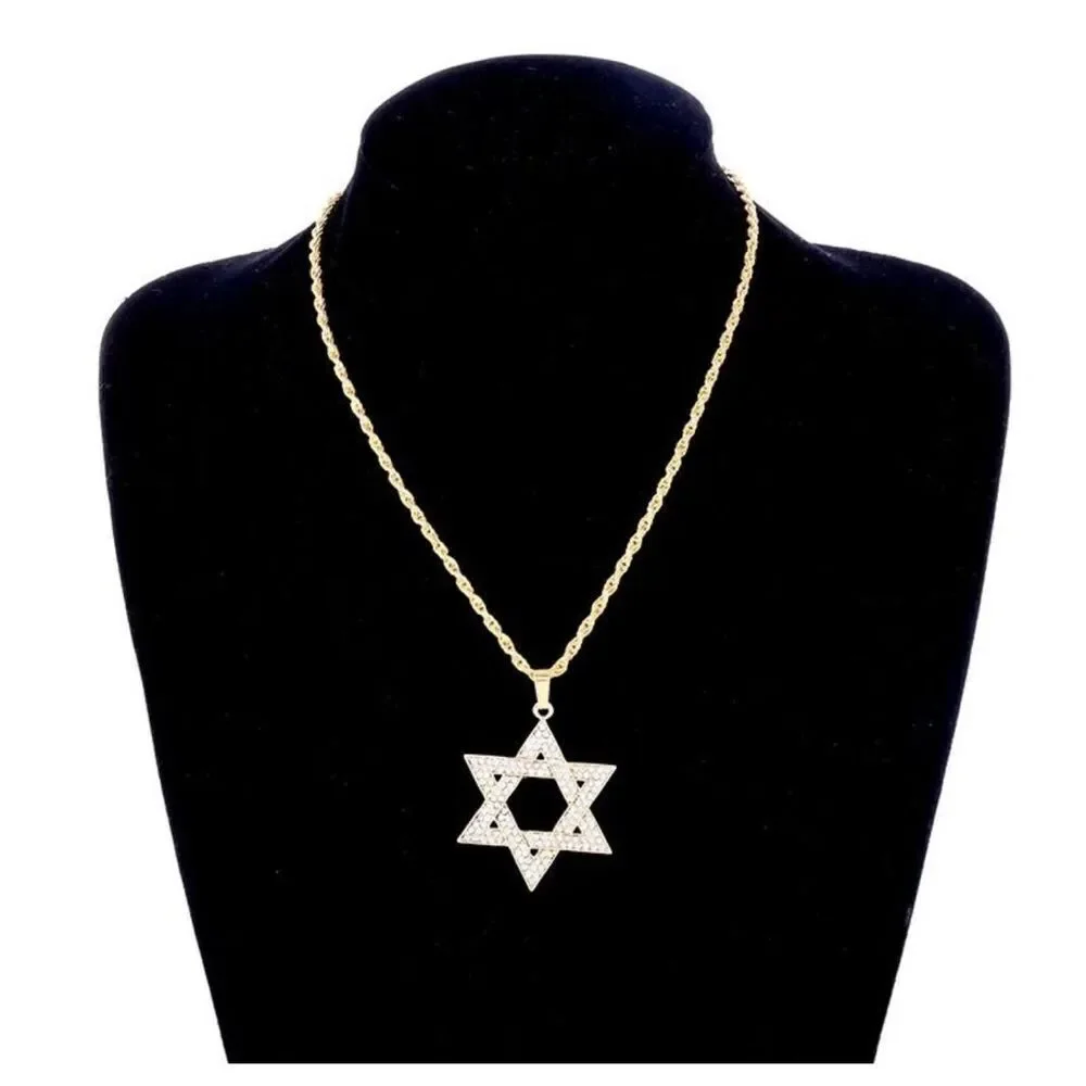LARGE pendant Jewish Star crystals Magen David Necklace for Men and Women Gold